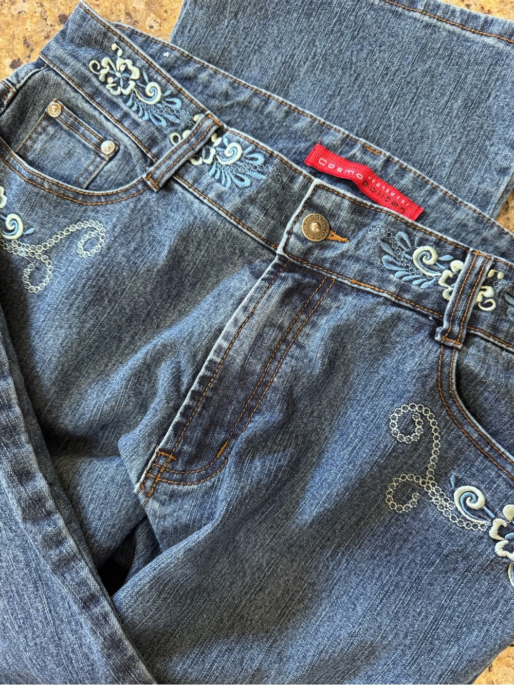 Cosmopolitan Mid-Blue Flare Jeans with Light Blue Embroidery